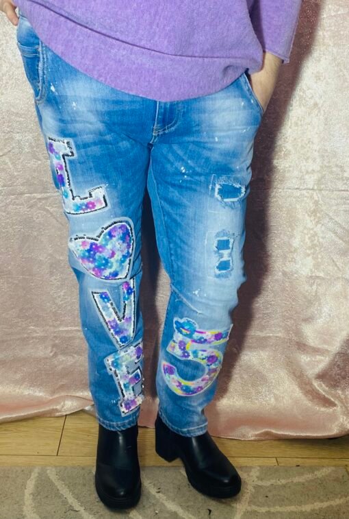 Jean "LOVE" sequin florale