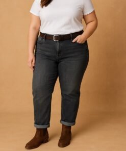 Jean "mom fit" gris et sa ceinture