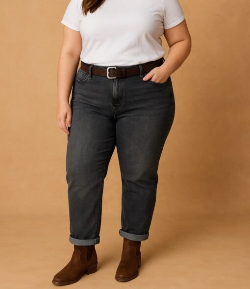 Jean "mom fit" gris et sa ceinture